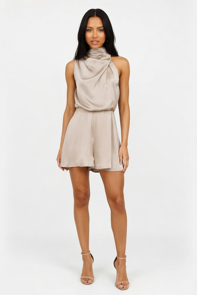 Halterneck Satin Playsuit — Apricot