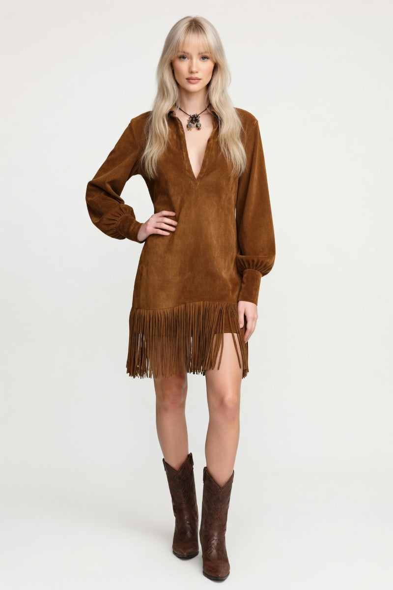 Suede V-Neck Mini Dress — front view