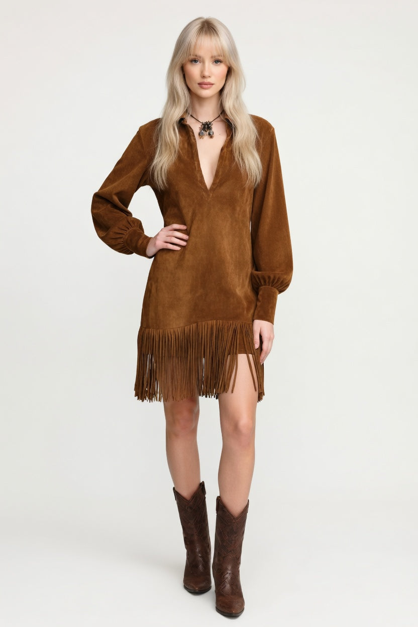 Suede V-Neck Mini Dress — front view