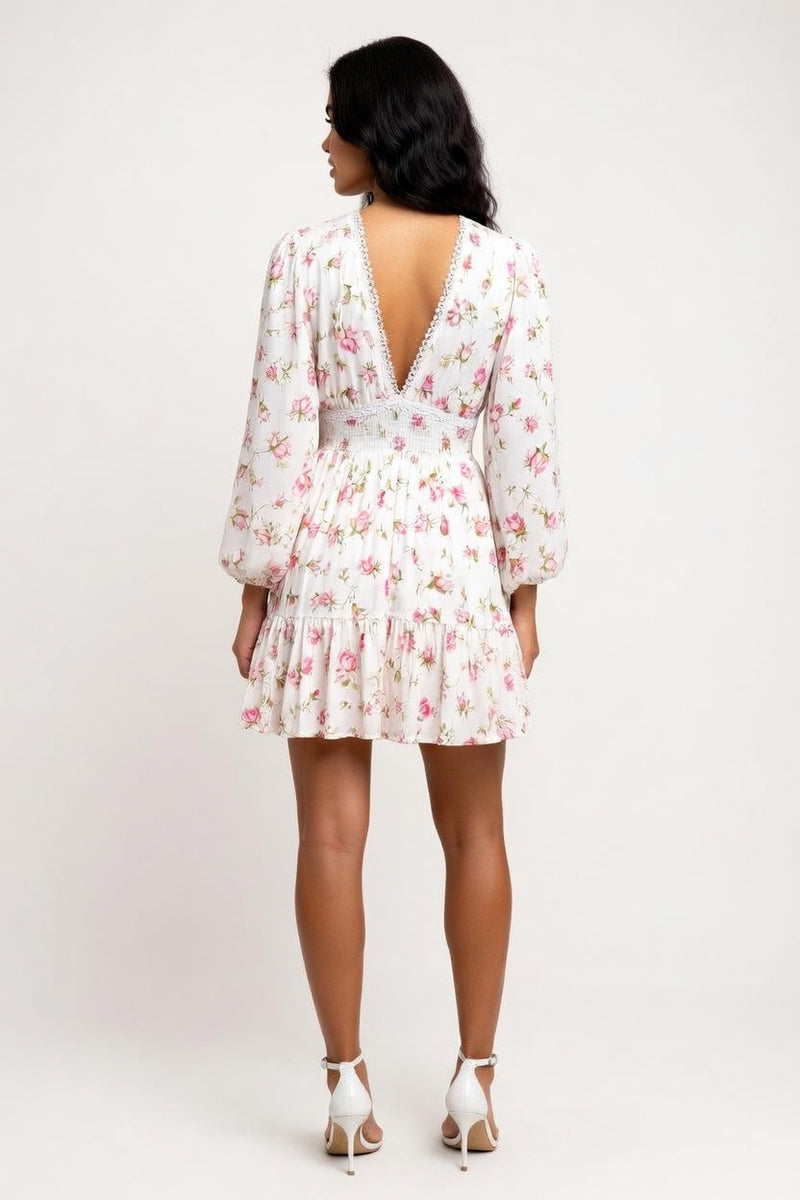 Printed V-Neck Lace Trim Dress — back view