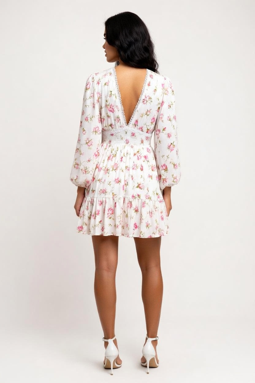 Printed V-Neck Lace Trim Dress — back view