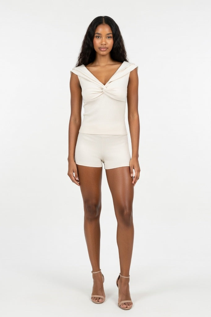 V-Neck Vest Top & Pleated Mini Skirt Co-Ord — Apricot Skirt