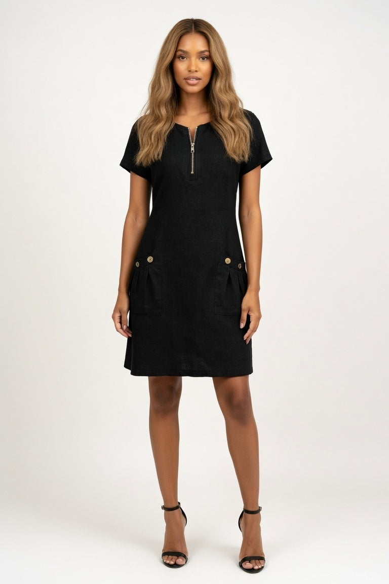 Zip Front Mini Dress — Black
