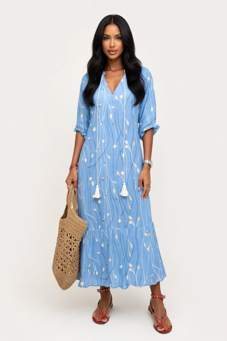 V-Neck Printed Mid-Sleeve Dress — Navy Blue