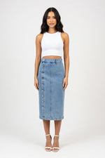 High-Waisted Denim Slit Skirt — Light Blue
