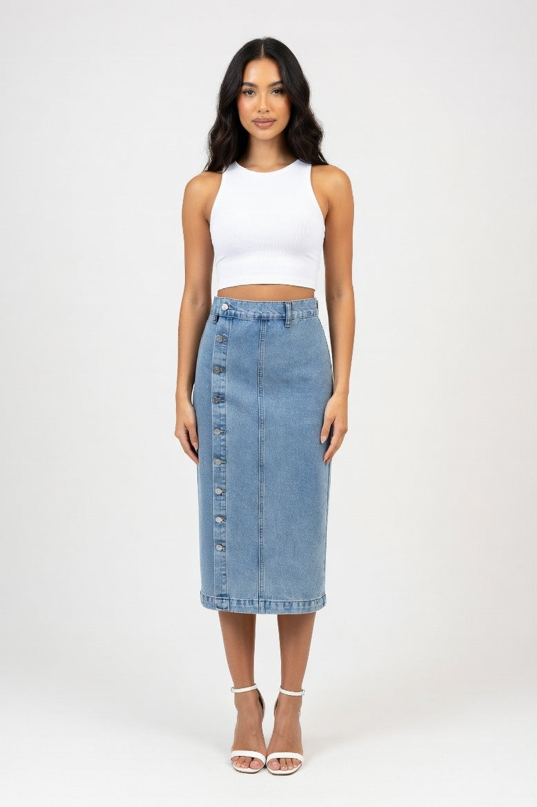 High-Waisted Denim Slit Skirt — Light Blue