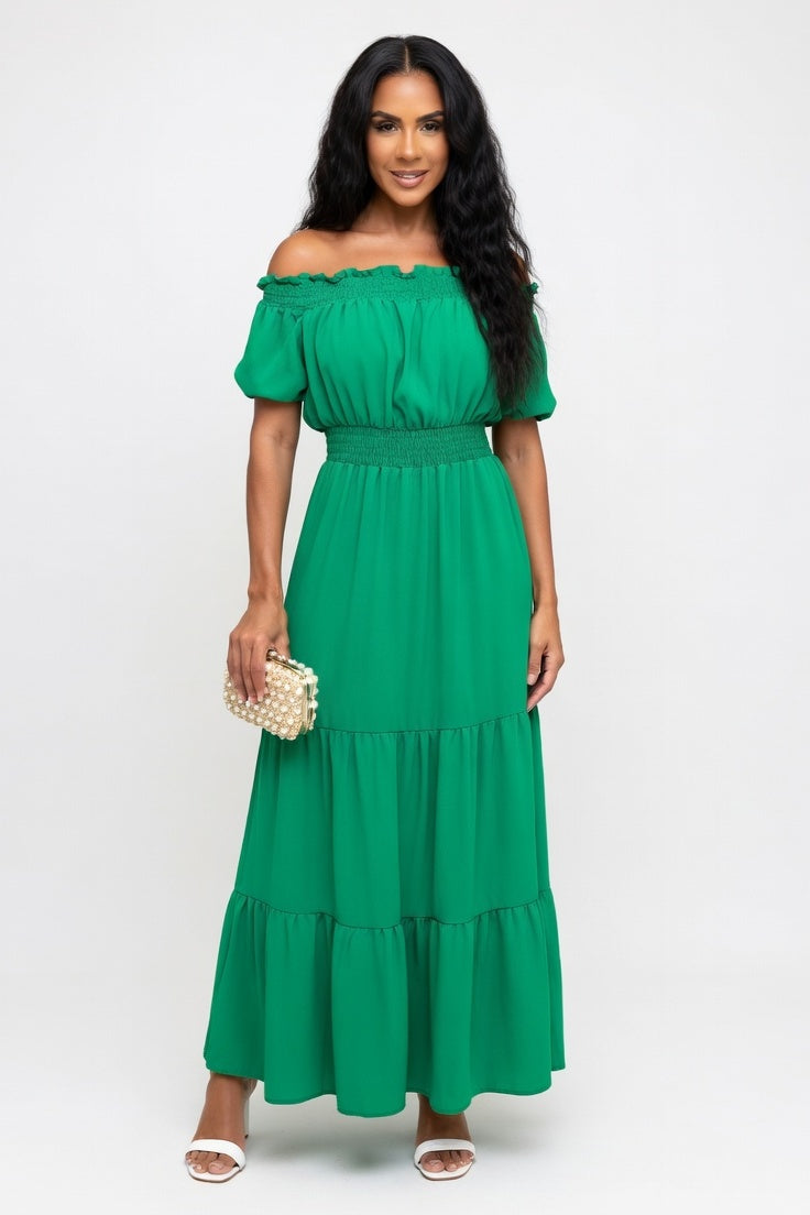Off-Shoulder Midi Dress — Green