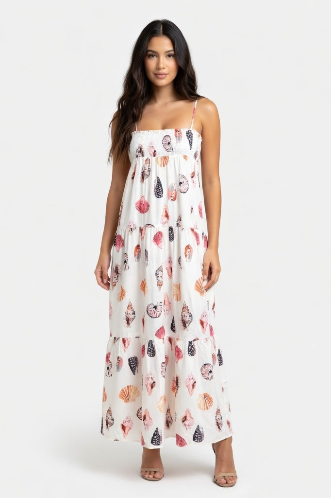 Halter Layered Print Dress — White