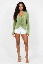 Pleated Trumpet Sleeve Top — Green