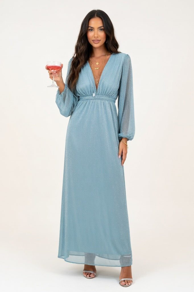 Sequined V-Neck Mini Dress — Light Blue