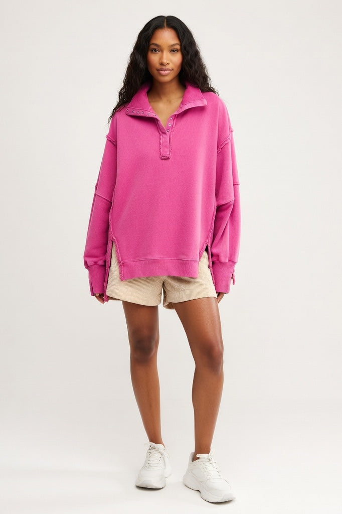 Oversized Sweatshirt with Slit Lapels — Rose Red