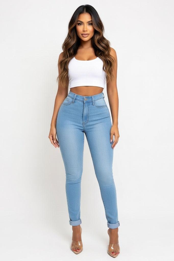High Waist Slim Jeans — Light Blue