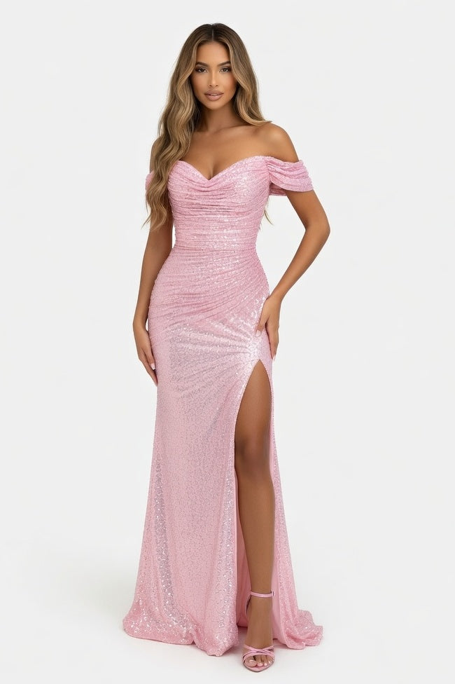 Sequined Off-Shoulder Mini Dress — Pink