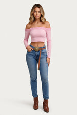 Off-Shoulder Pleated Lace Top — front view