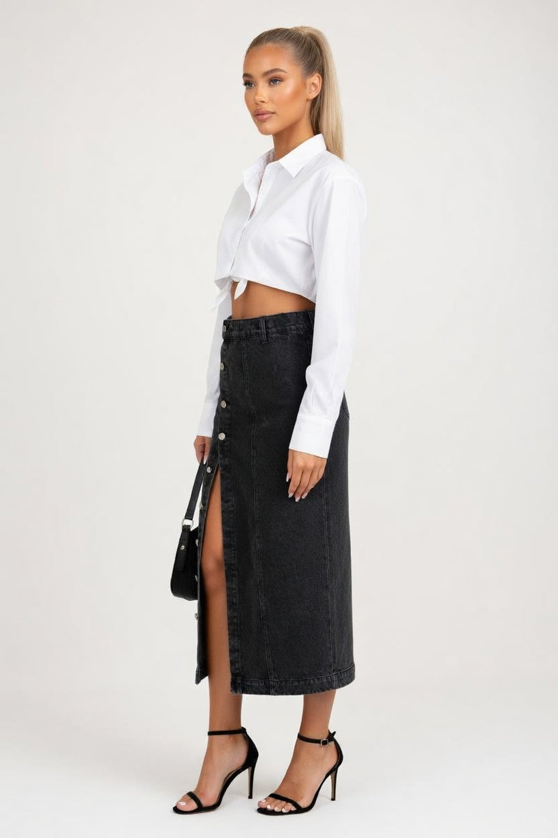 High-Waisted Denim Slit Skirt — side view