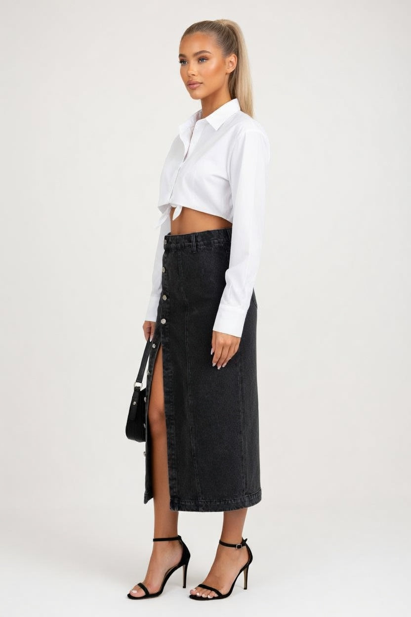 High-Waisted Denim Slit Skirt — side view