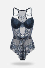 Lace Bodycon Jumpsuit with Bow Detail — Blue Grey