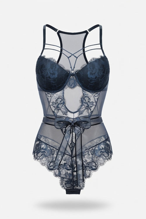 Lace Bodycon Jumpsuit with Bow Detail — Blue Grey