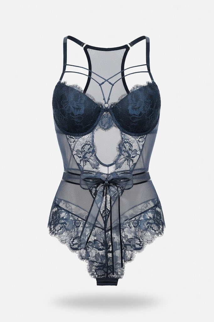 Lace Bodycon Jumpsuit with Bow Detail — Blue Grey