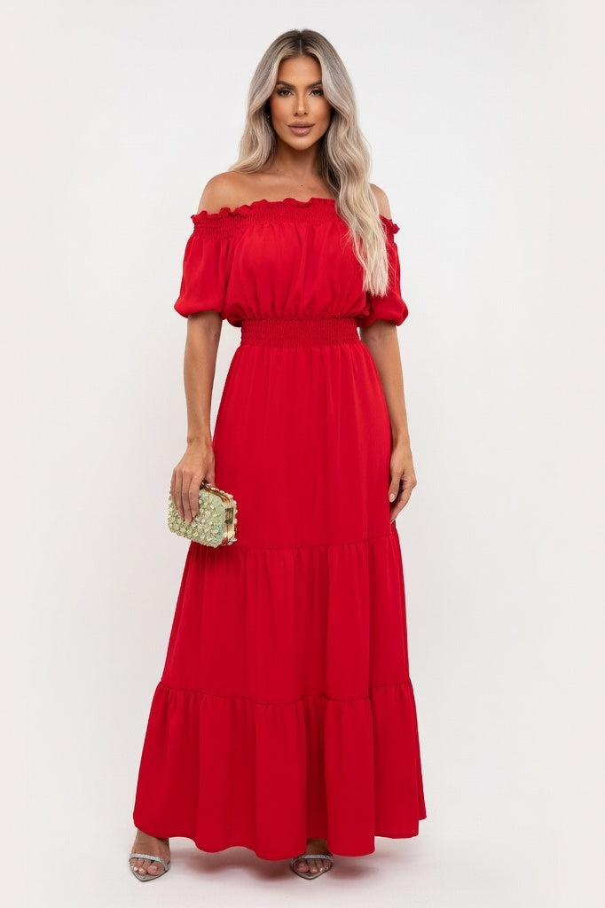 Off-Shoulder Midi Dress — Red