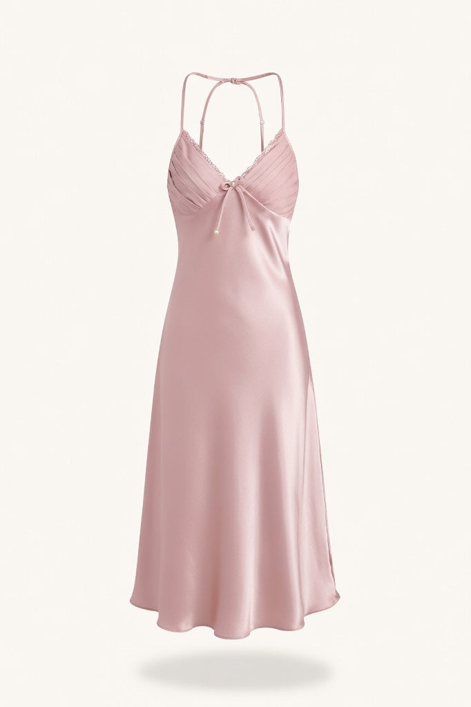 Silk Slip Nightdress with Bow Ties — Lotus Pink