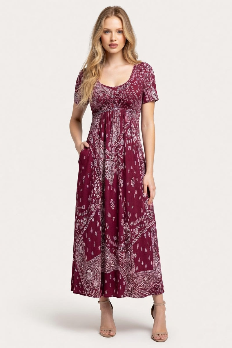 Printed Midi Dress Round Neck Short Sleeve — front view