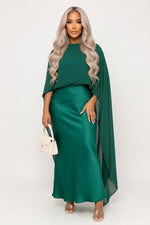 Mesh Panel Satin Dress — Dark Green
