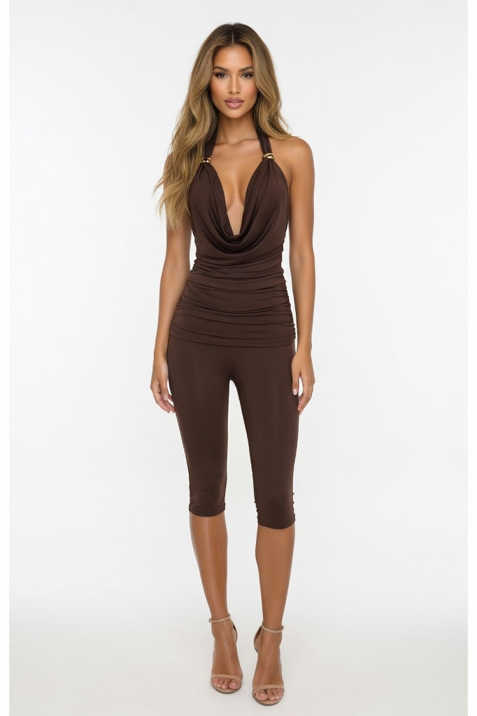 Halter Metal Detail Co-ord Set — Brown