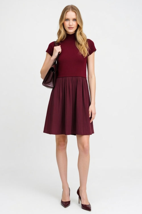 Pleated Midi Dress — Burgundy