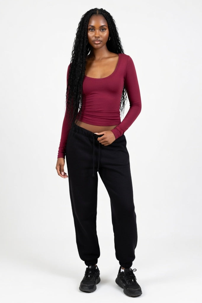 Viscose Long Sleeve Bodycon Top — Burgundy