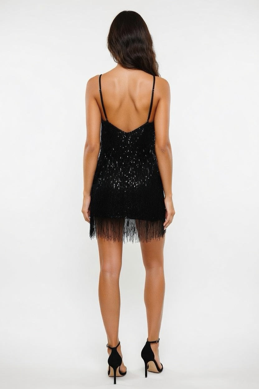 Sequin Tassel Halter Dress — back view