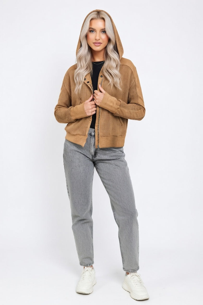 Waffle Knit Zip Hoodie — Brown