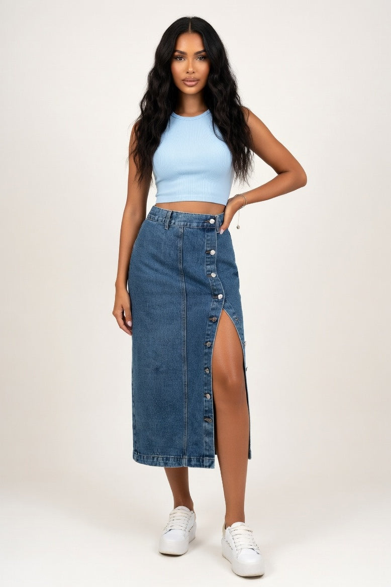 High-Waisted Denim Slit Skirt — Blue