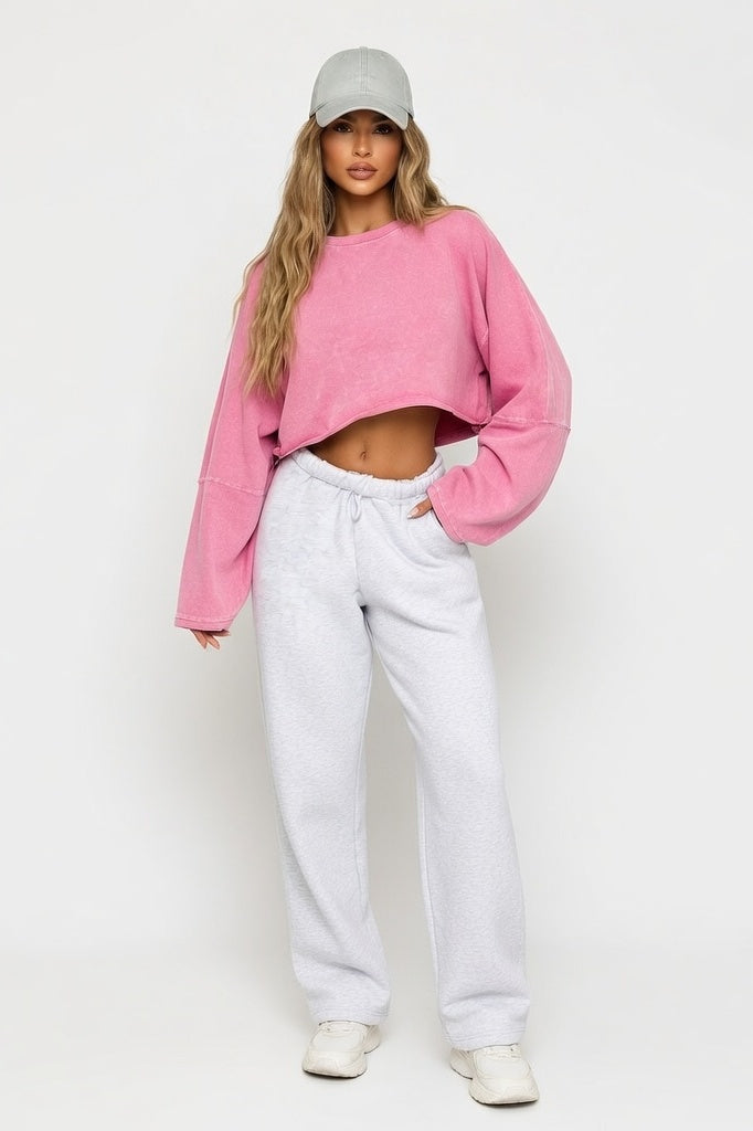 Cropped Distressed Sweatshirt — Washed Pink