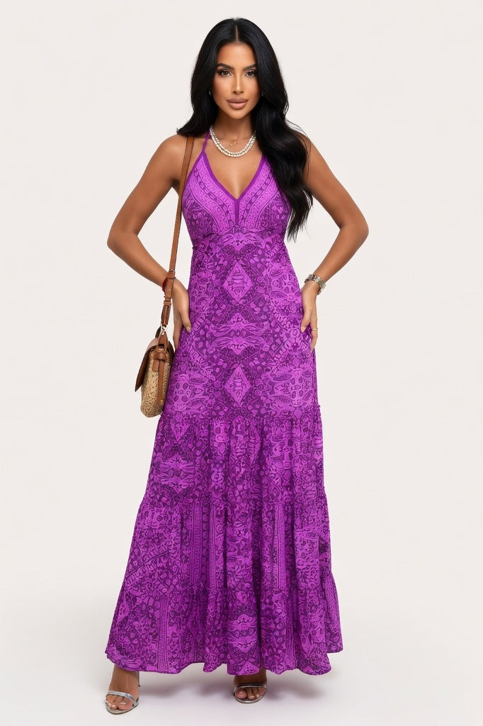V-Neck Floral Print Maxi Dress — Purple