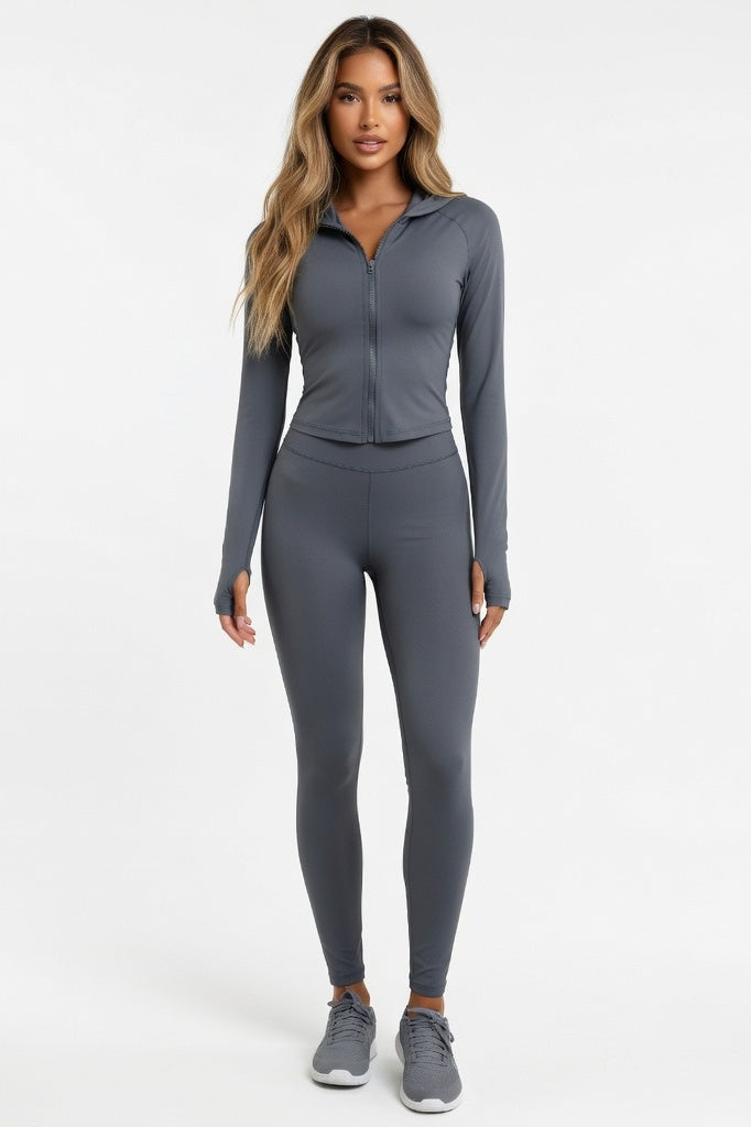V-Neck Zip Co-ord Set — Grey