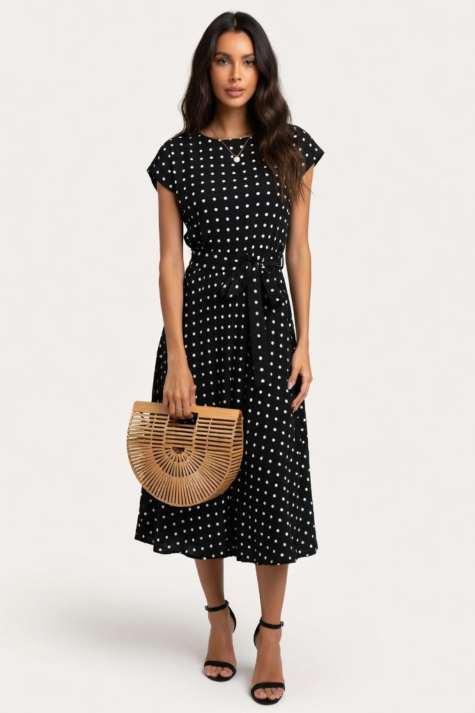 Polka Dot Pleated Dress — Black