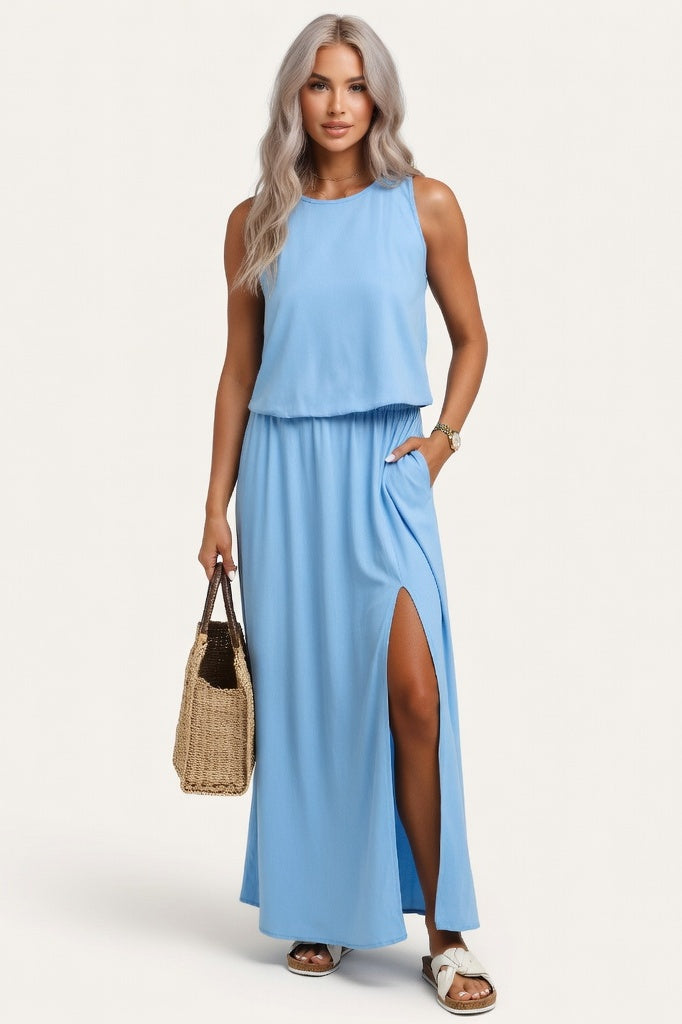 Modal Halter Split Midi Dress — Sky Blue