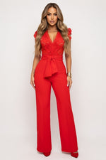 Lace Splice Sleeveless Jumpsuit — Red