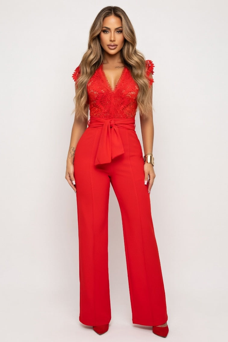 Lace Splice Sleeveless Jumpsuit — Red