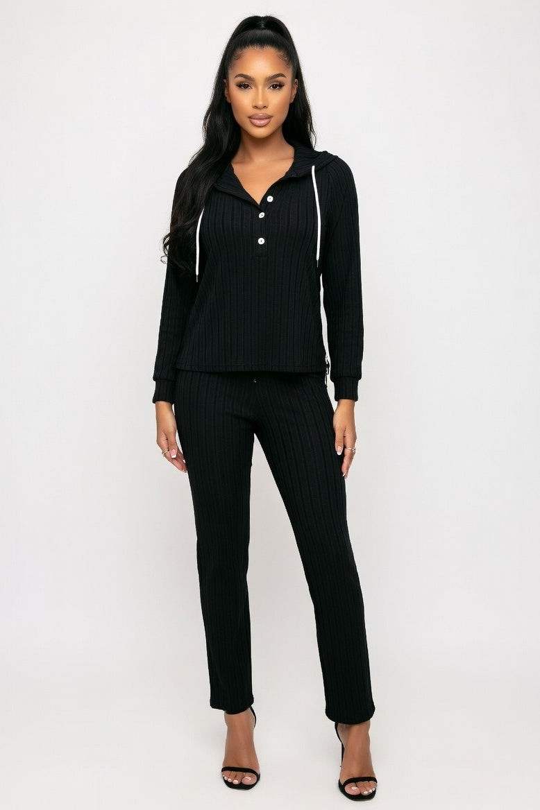Ribbed Hoodie & Trouser Co-ord Set — Black