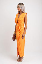 Satin V-Neck Pleated Sleeveless Dress — side view