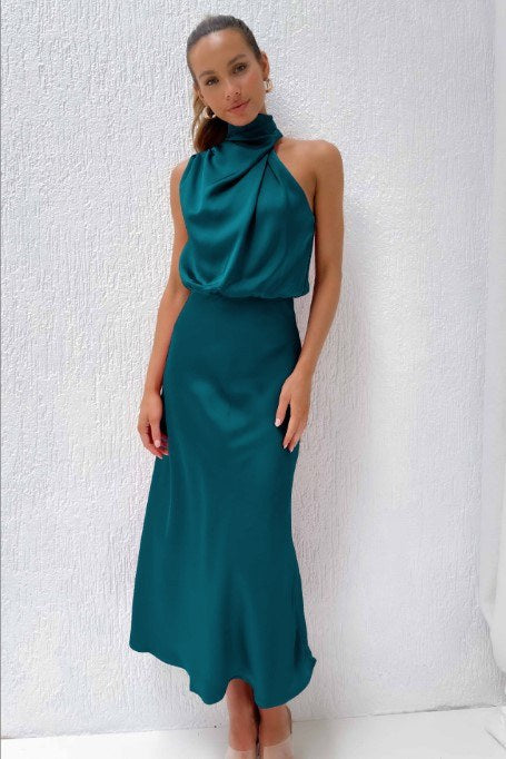 Sleeveless Satin Dress — Lake Blue — colour variant