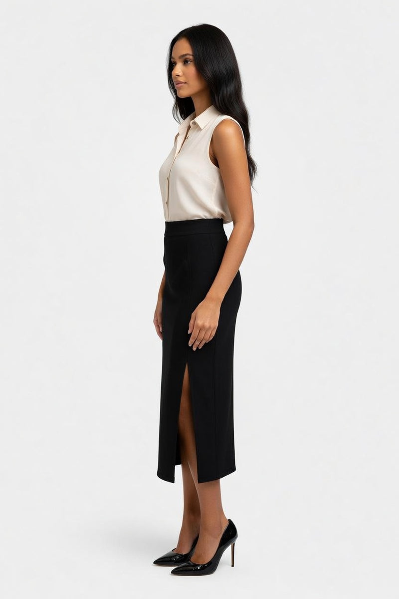 Stretch Midi Skirt with Side Slit — side view