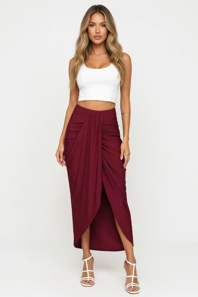 Draped Asymmetric Wrap Skirt — Red