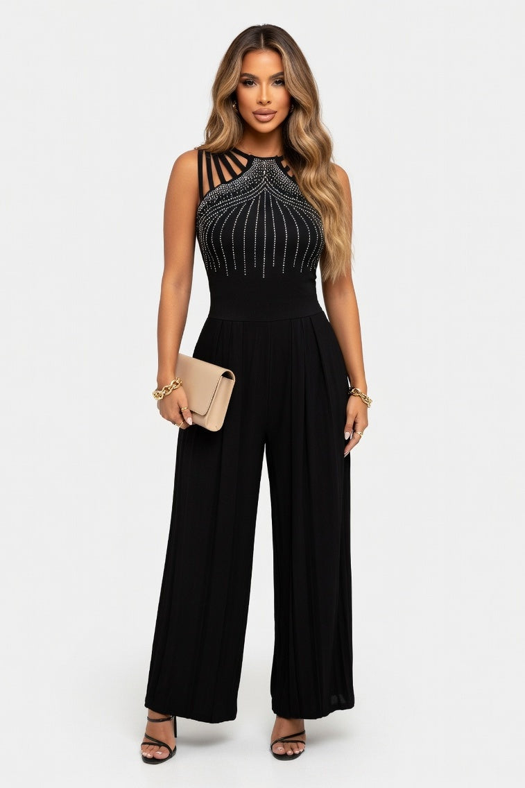 Embellished Wide-Leg Jumpsuit — Black