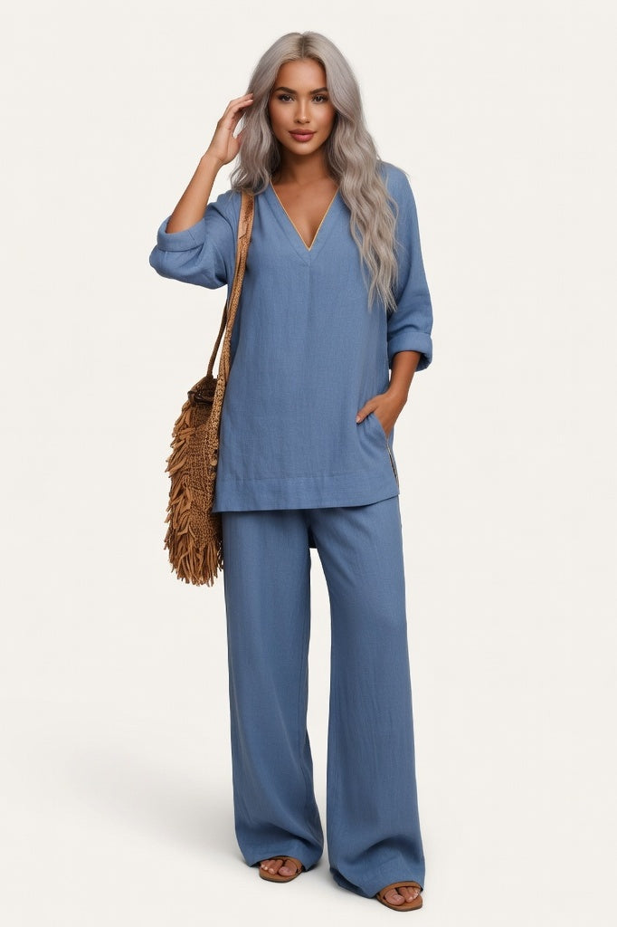 V-Neck Co-Ord Set — Light Grey