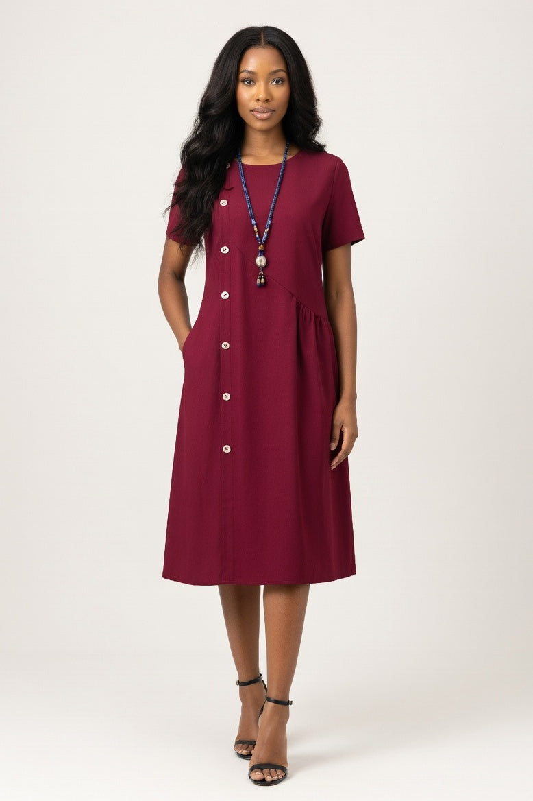 Button Detail Midi Dress — Burgundy