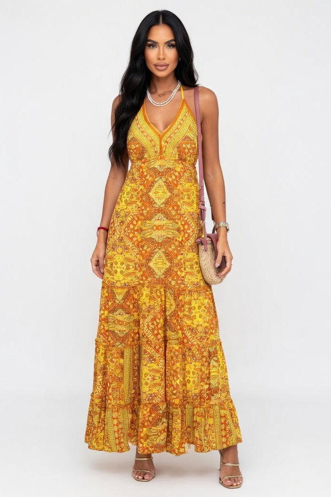 V-Neck Floral Print Maxi Dress — Yellow