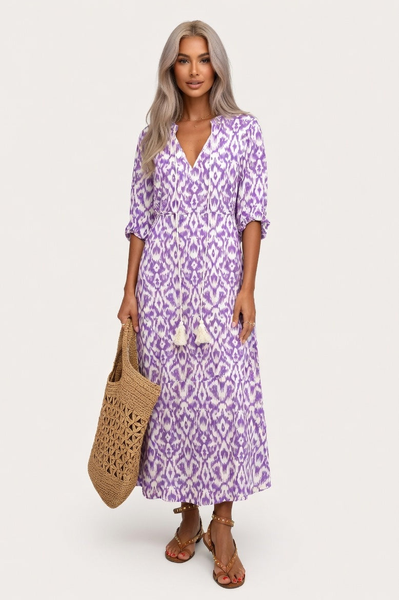 V-Neck Printed Mid-Sleeve Dress — Violet